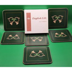 English Life Set Of Six 6 Coasters Christmas Horn Green Boxed Made In England